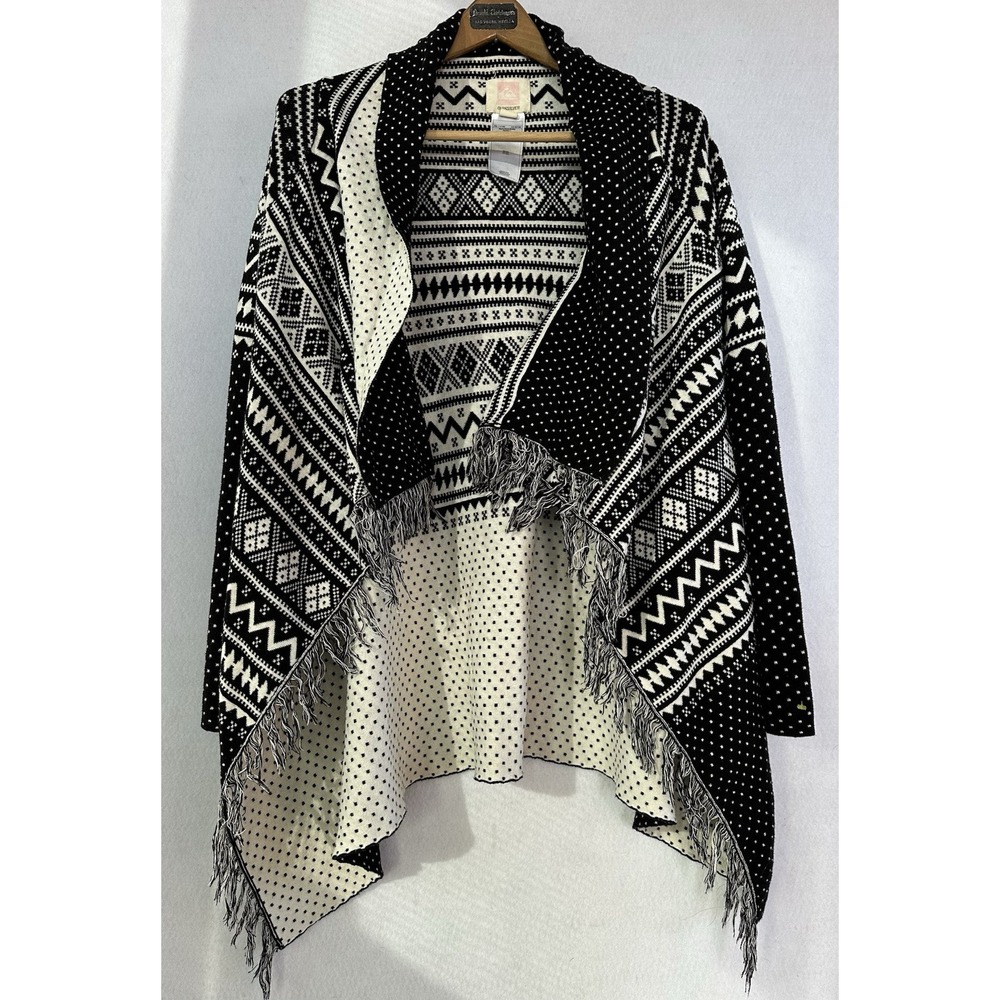 Quiksilver Fringed Waterfall Cardigan BOHO Beach Bum Black White Women's M/L